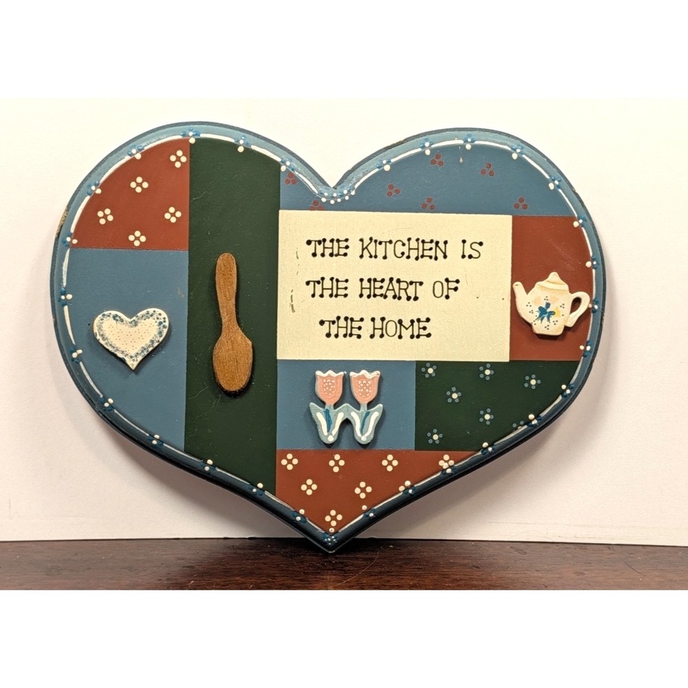 Vintage Heart Shaped Kitchen Wall Plaque Folk Art “Kitchen Is Heart of Home”